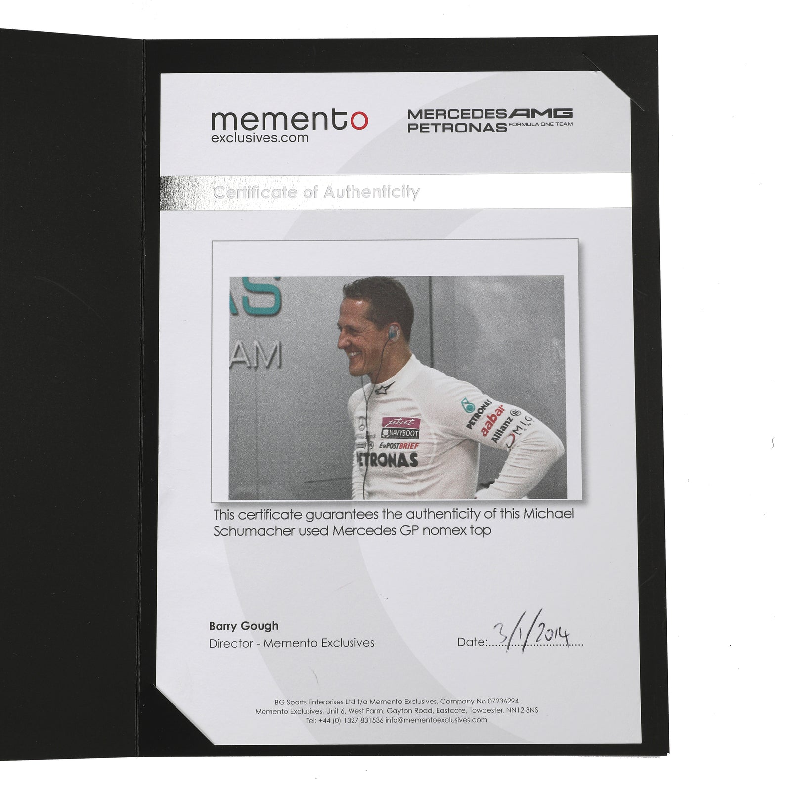 Season Launch LOT 027 - Michael Schumacher 2010 Mercedes Nomex - Framed