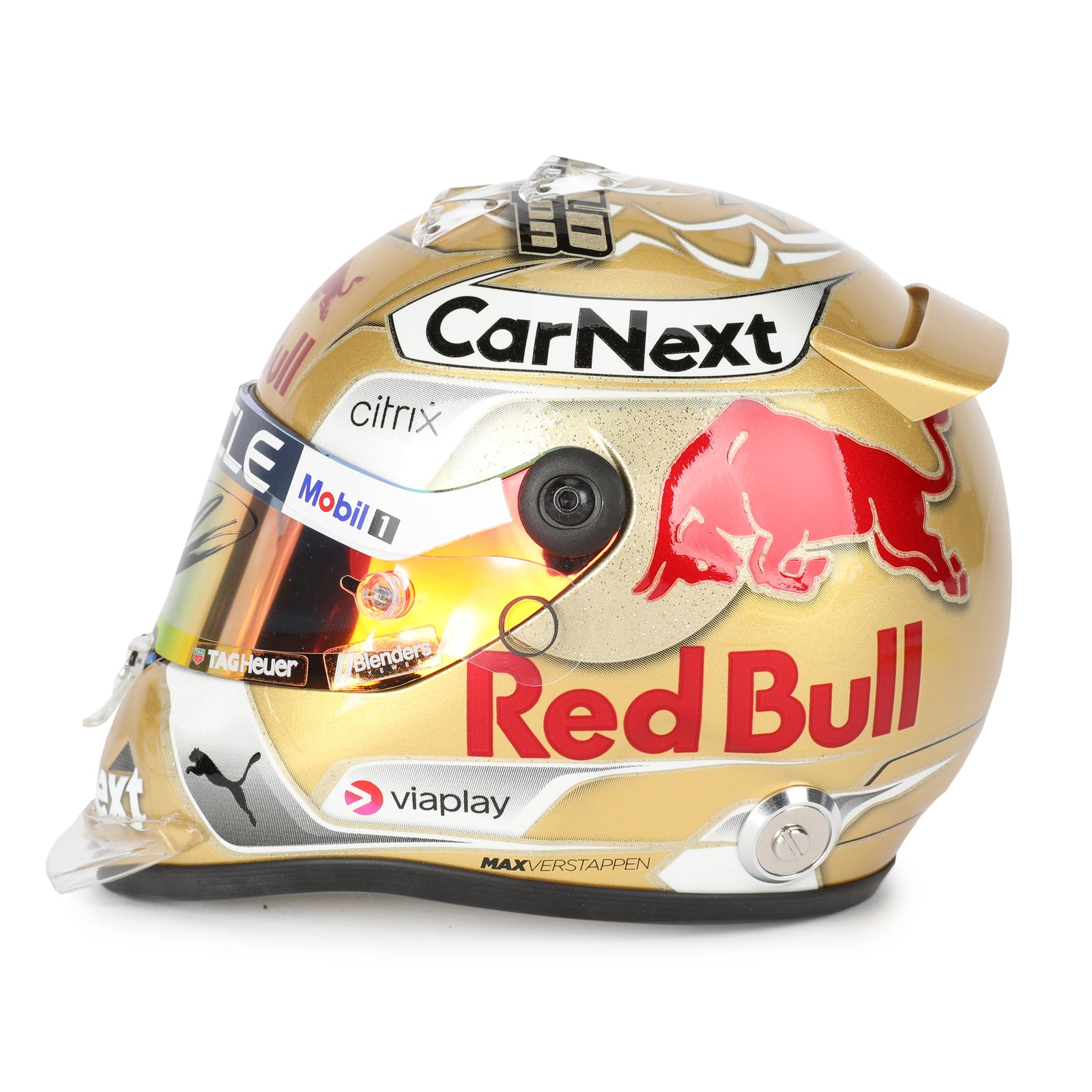 LOT 740 - Max Verstappen 2022 World Championship Signed 1.2 Scale Mini Helmet