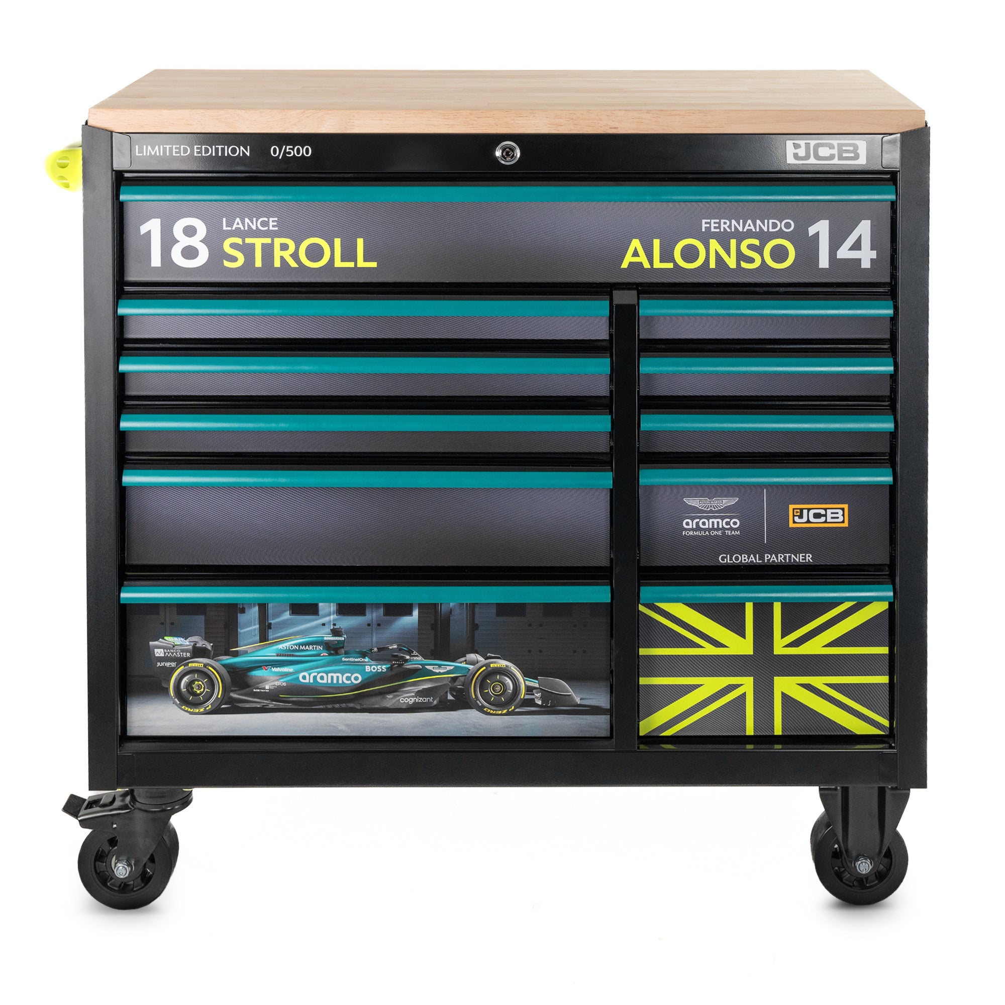 Aston Martin Formula One Team x JCB Steel 11-Drawer Roller Tool Cabinet with Hardwood Worktop