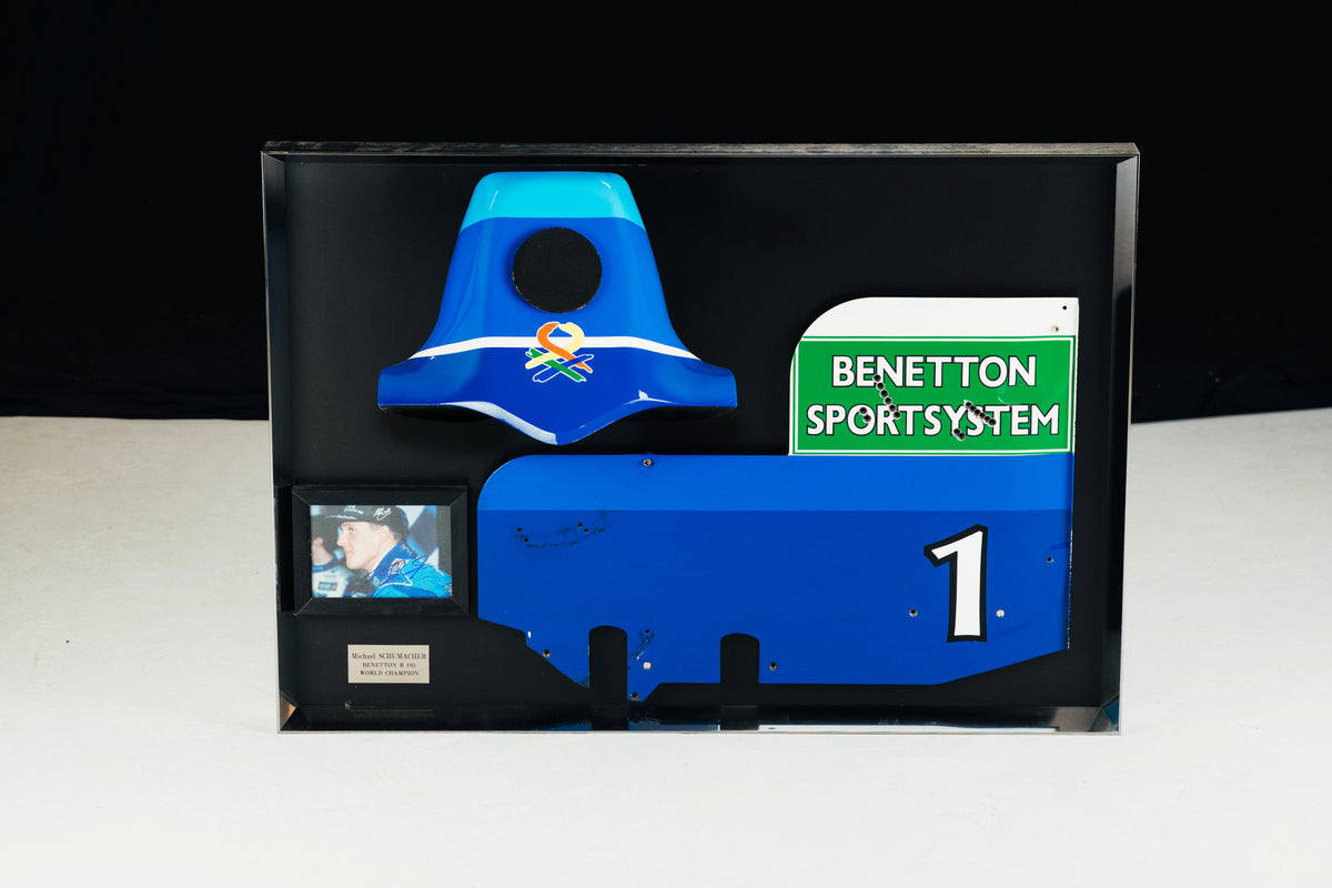 The Austin Auction LOT 024 - Michael Schumacher 1995 Benetton B195 Head Rest & Rear Wing Right-Hand Endplate –  Signed Framed