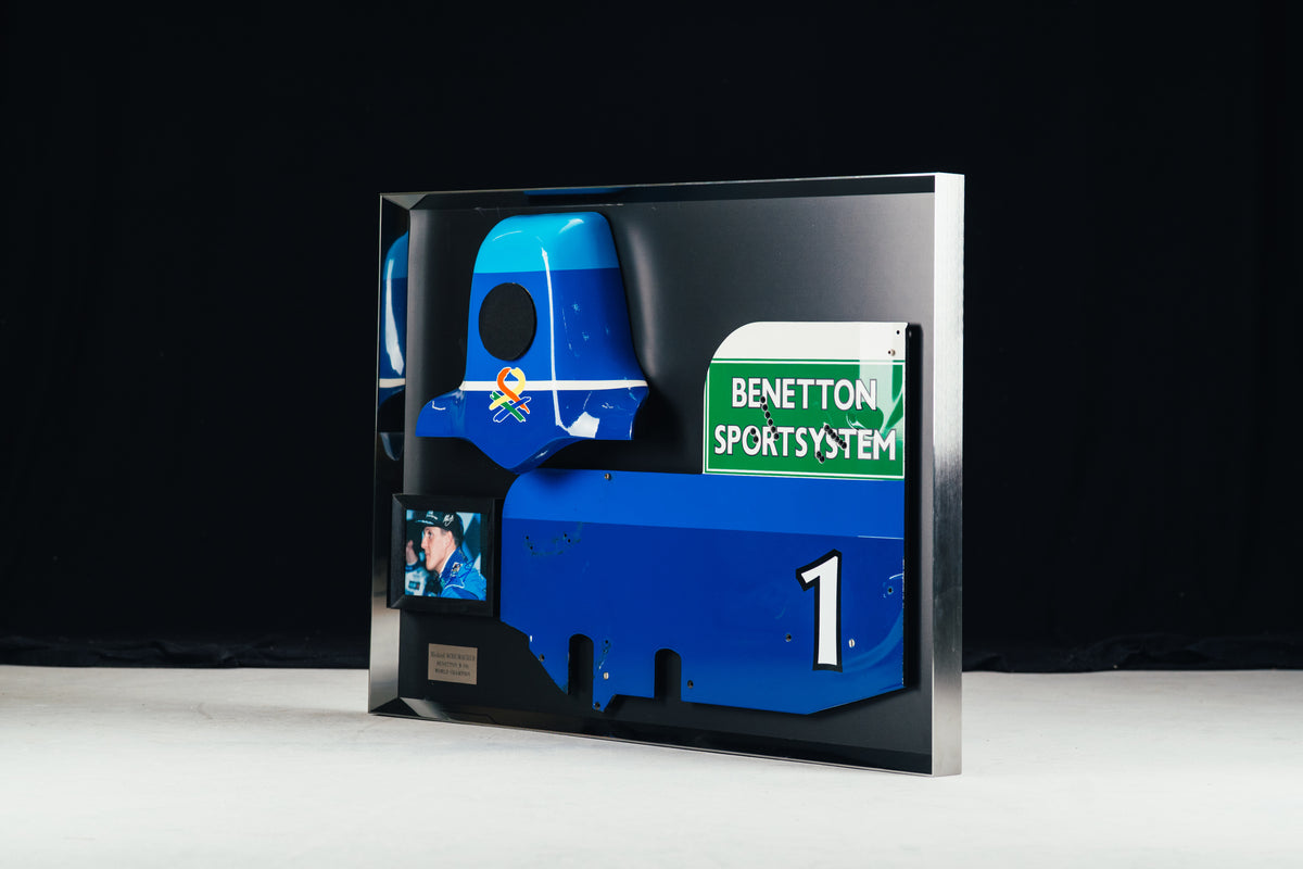 The Austin Auction LOT 024 - Michael Schumacher 1995 Benetton B195 Head Rest & Rear Wing Right-Hand Endplate –  Signed Framed