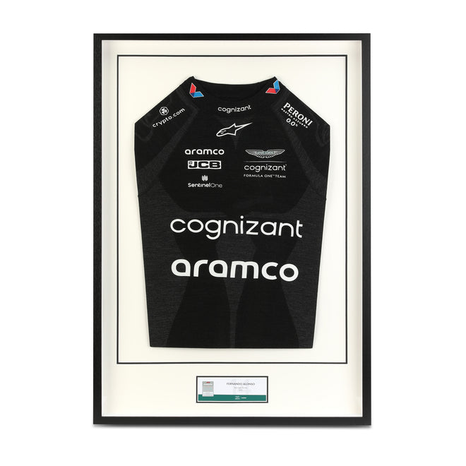Fernando Alonso Aston Martin Aramco F1 Team race-spec 2023 framed Nomex motorsport memorabilia display