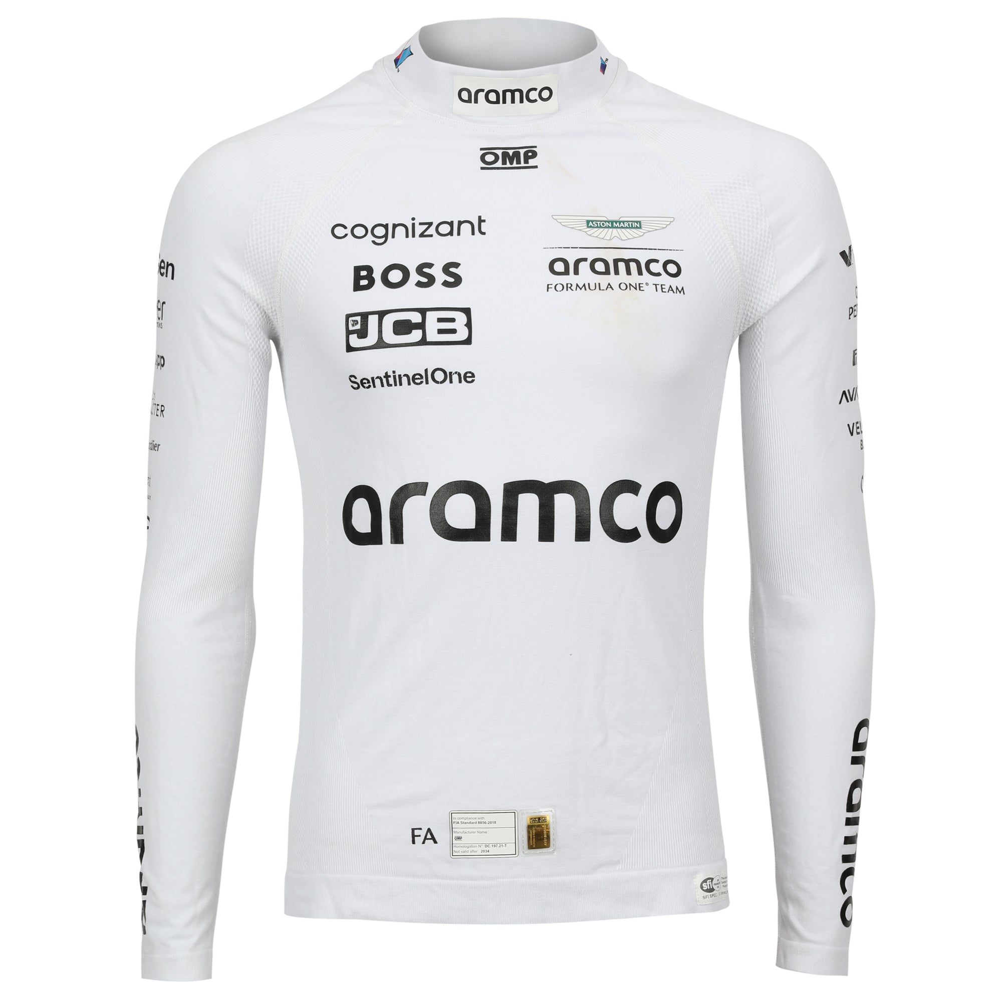 Fernando Alonso Un-Signed 2024 Aston Martin Aramco Formula One Team Grand Prix Used Nomex - Italian GP - White