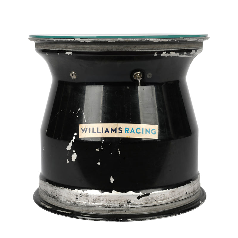 Williams F1 Team rear wheel rim table Franco Colapinto Las Vegas GP 2024 motorsport furniture display