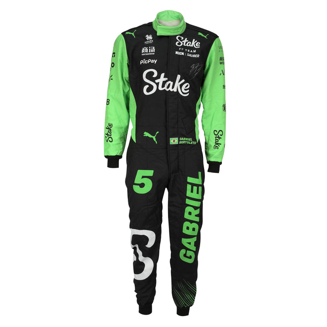 LOT 634 - Gabriel Bortoleto Signed 2025 Grand Prix Used Stake F1 Team Kick Sauber Race Suit