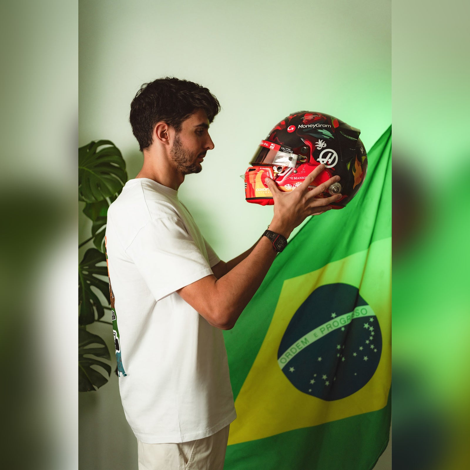 Esteban Ocon 2025 Race Used Haas F1 Team Helmet - Brazil GP