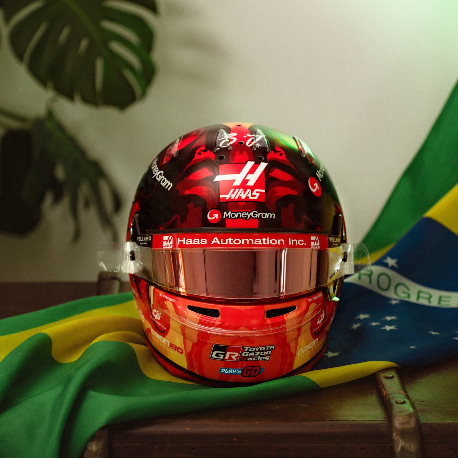 Esteban Ocon 2025 Race Used Haas F1 Team Helmet - Brazil GP
