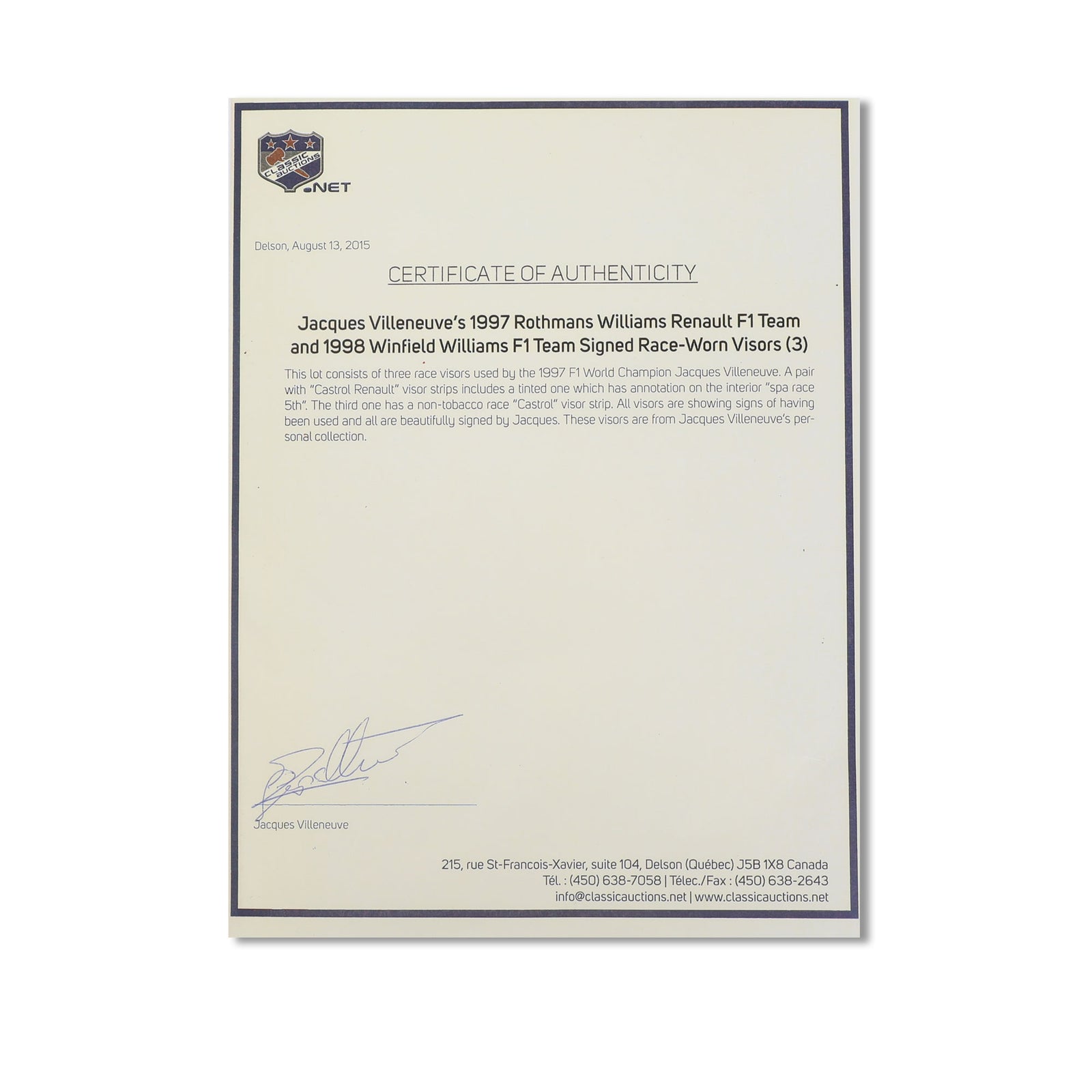 LOT 749 - Jacques Villeneuve Signed 1997 Williams Renault Race Used Helmet Visor