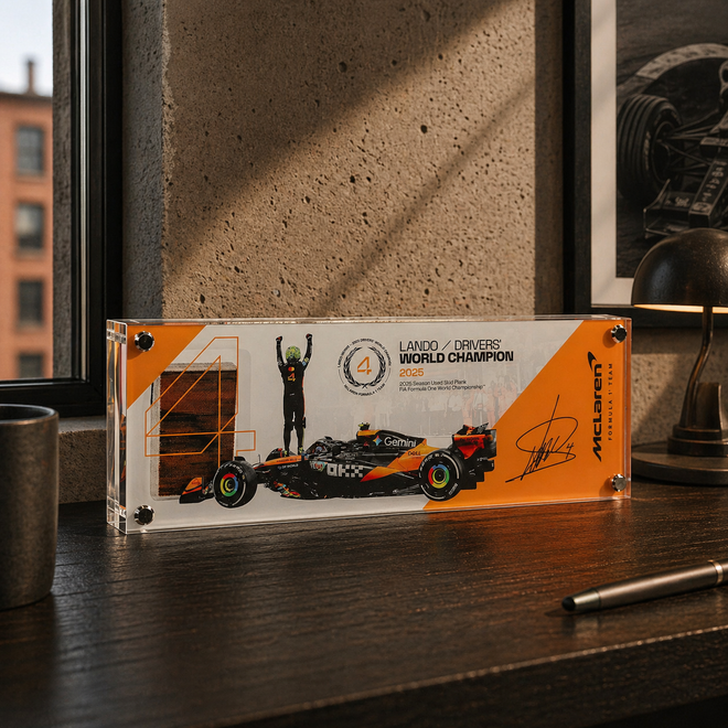 Lando Norris 2025 Grand Prix Used McLaren Skid Plank Piece in Acrylic - Championship Edition