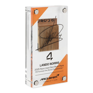 Lando Norris 2025 Grand Prix-used McLaren MCL39 skid plank piece in acrylic, authentic Formula 1 memorabilia and premium collector display