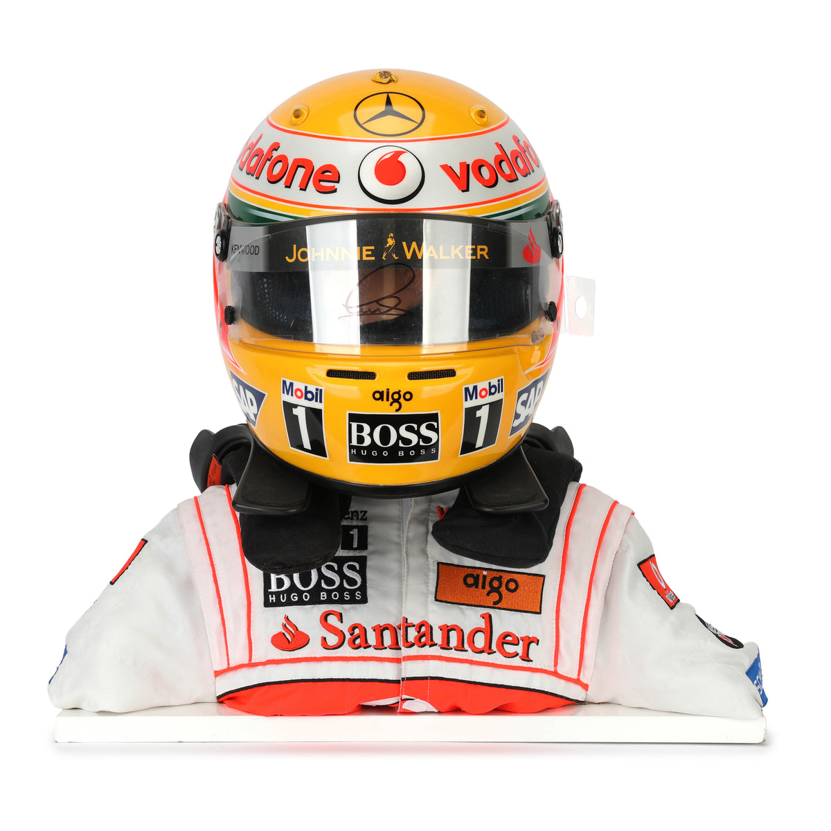 The Austin Auction LOT 024 - Lewis Hamilton 2008 First Championship Season Display Set - Includes Replica Helmet, Race Used Visor & Hans Device