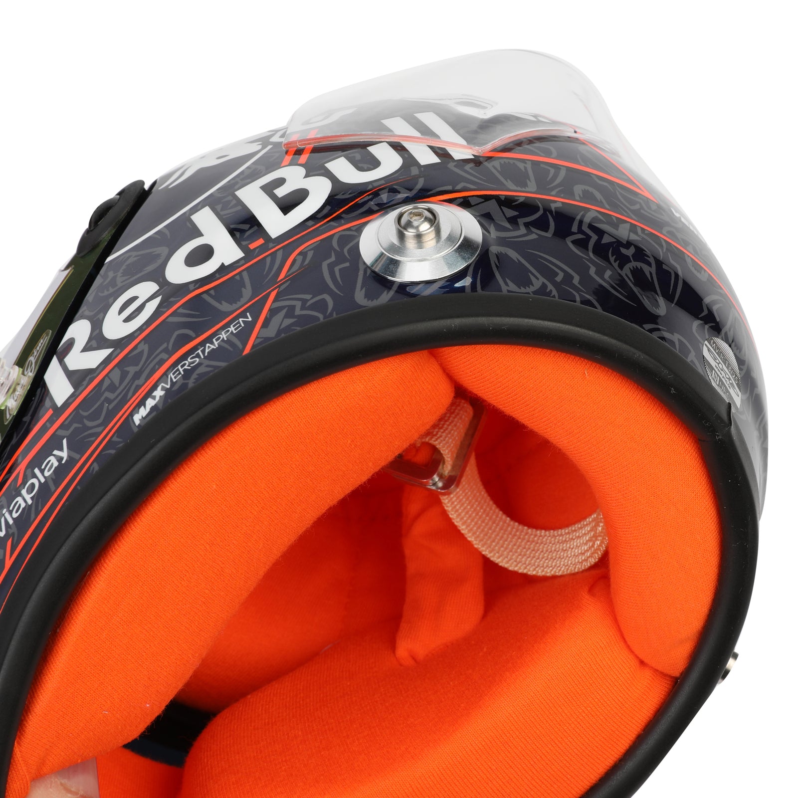 LOT 243 - Max Verstappen Signed 2025 Red Bull Racing Mini Helmet - Orange Lion