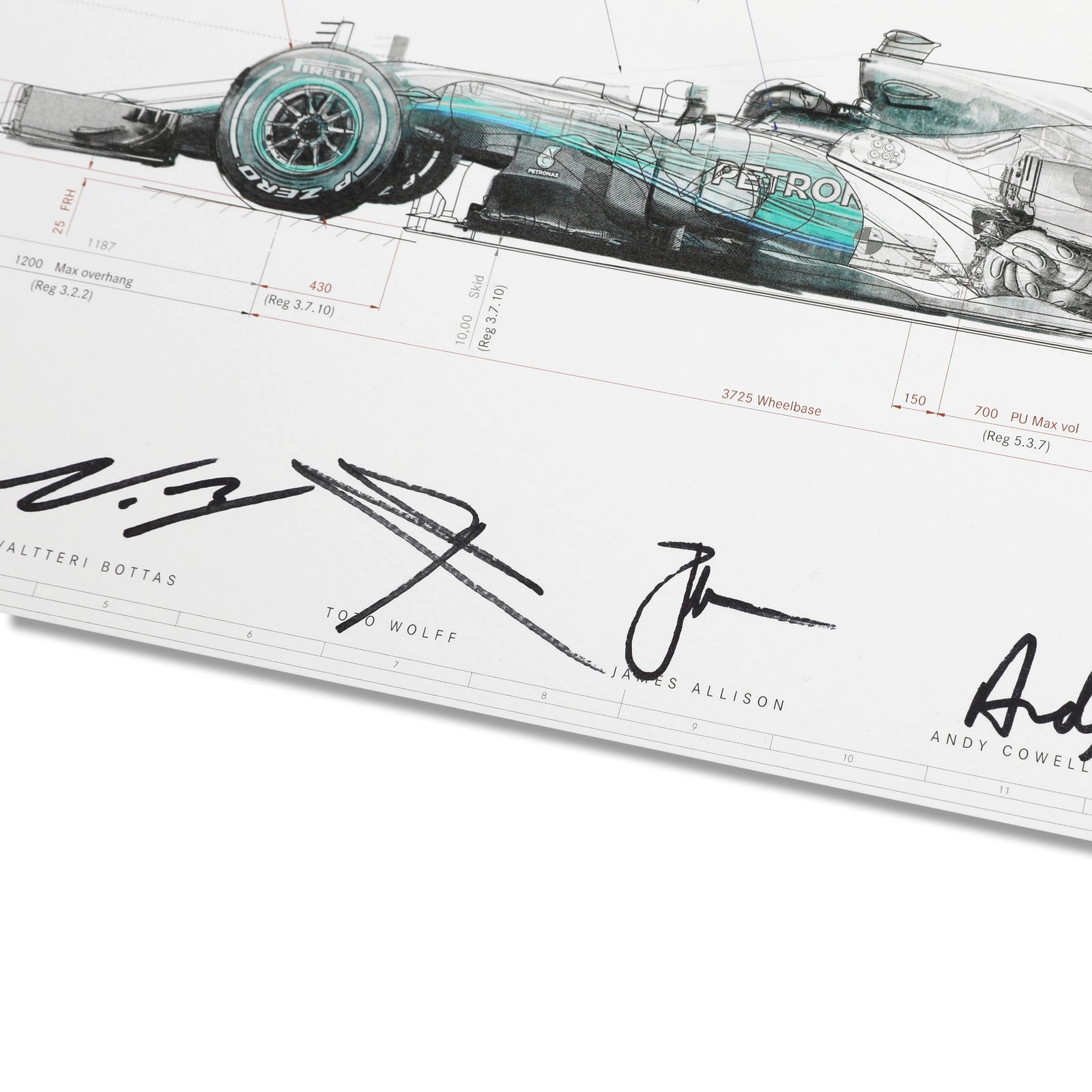 Season Launch LOT 408 - Mercedes 2017 Engineering Drawing - Signed by Lewis Hamilton, Valtteri Bottas, Toto Wolff and Alison Cowell