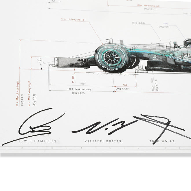 Season Launch LOT 408 - Mercedes 2017 Engineering Drawing - Signed by Lewis Hamilton, Valtteri Bottas, Toto Wolff and Alison Cowell