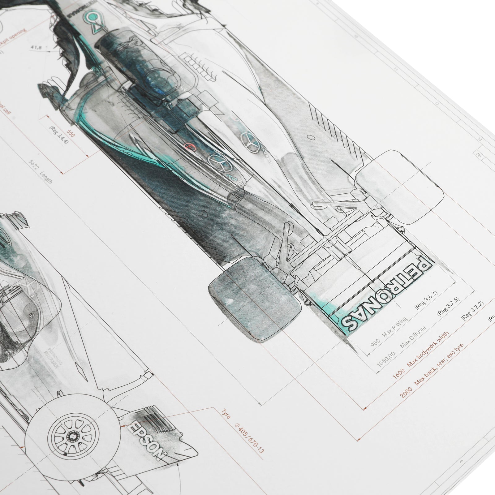 Season Launch LOT 408 - Mercedes 2017 Engineering Drawing - Signed by Lewis Hamilton, Valtteri Bottas, Toto Wolff and Alison Cowell