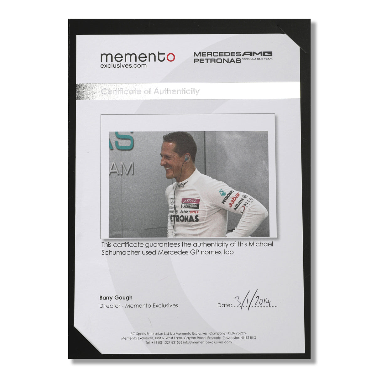 The Austin Auction LOT 013 - Michael Schumacher 2010 Mercedes Nomex - Framed