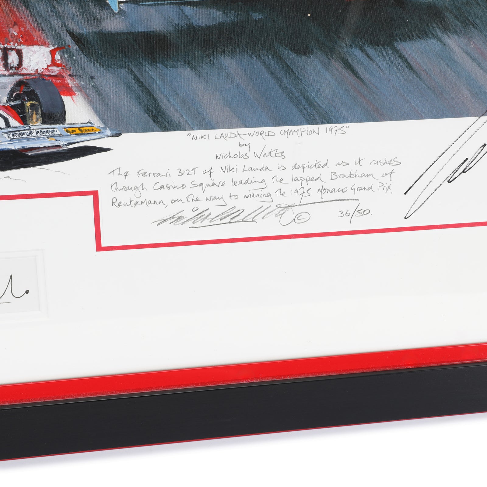 LOT 024 - Niki Lauda 1975 Ferrari Print - Nicholas Watts Signed Lauda Montezemolo Forghieri