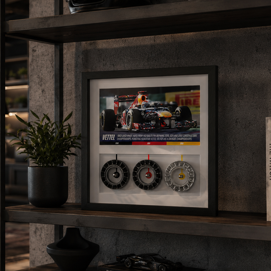 Auction LOT 081 - Sebastian Vettel Framed Grand Prix Used Red Bull Racing Wheel Nuts