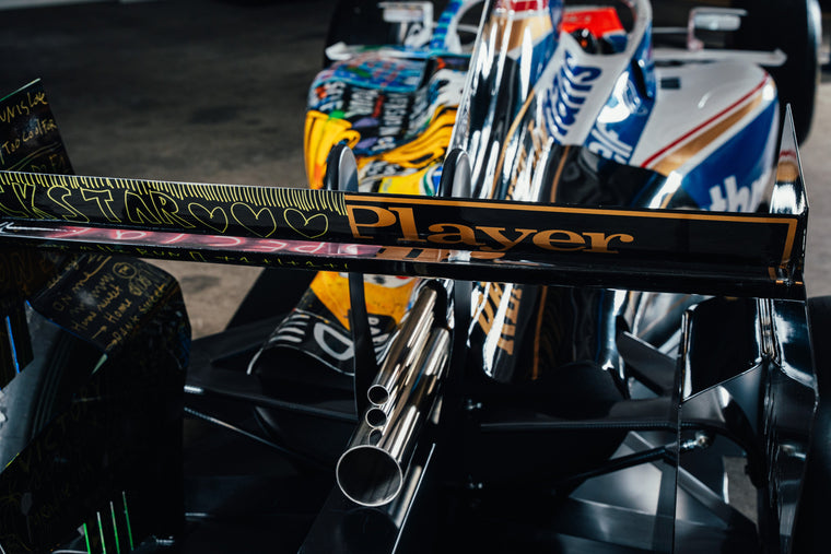 Full-size Ayrton Senna art edition show car, striking Formula 1-inspired exhibition vehicle celebrating a legendary motorsport icon